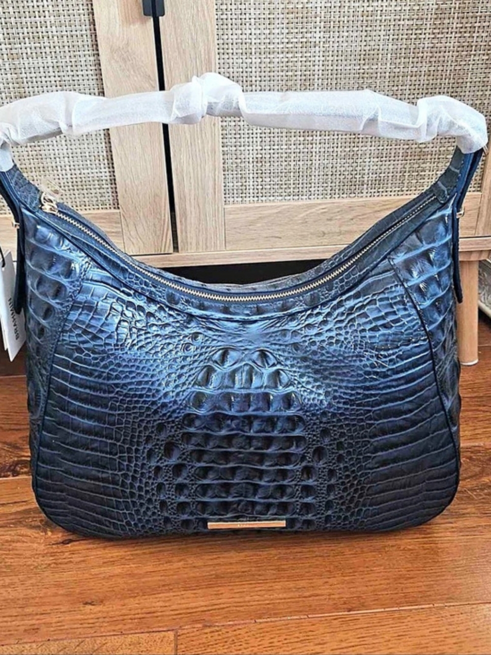 Brahmin Edie Crocodile-Embossed Leather Hobo in Blue NWT